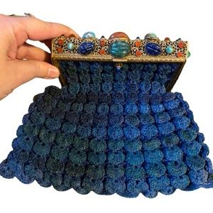Vintage 1960’s blue crochet clutch with stones